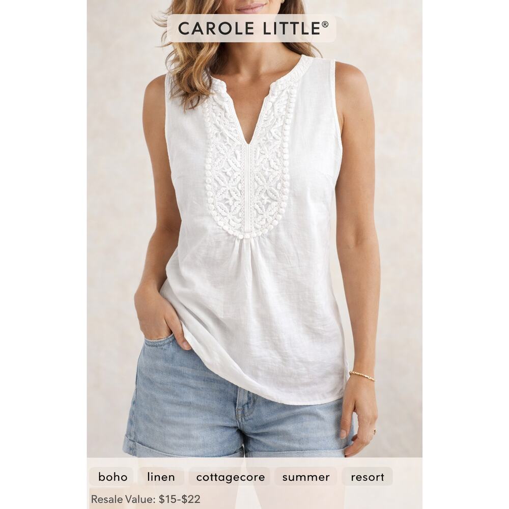 Carol Little White Linen Blend Embellished V Neck Top Size M